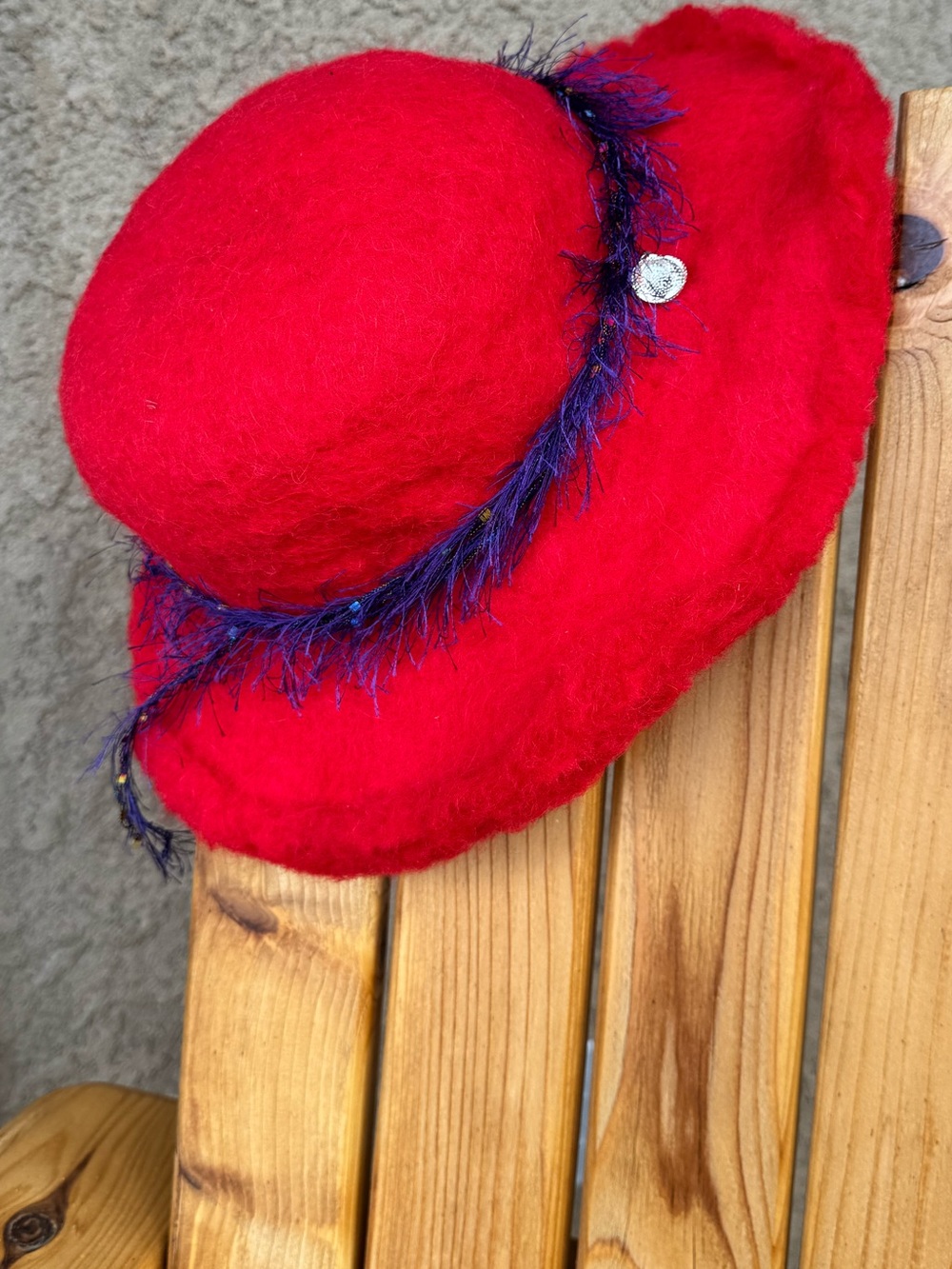 Red Felt Women's Wide-Brim Hat with Woven Feather Trim